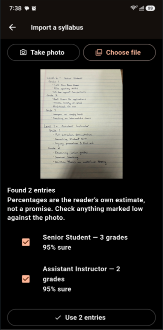 A photographed curriculum read back as entries, each with how sure the reader was