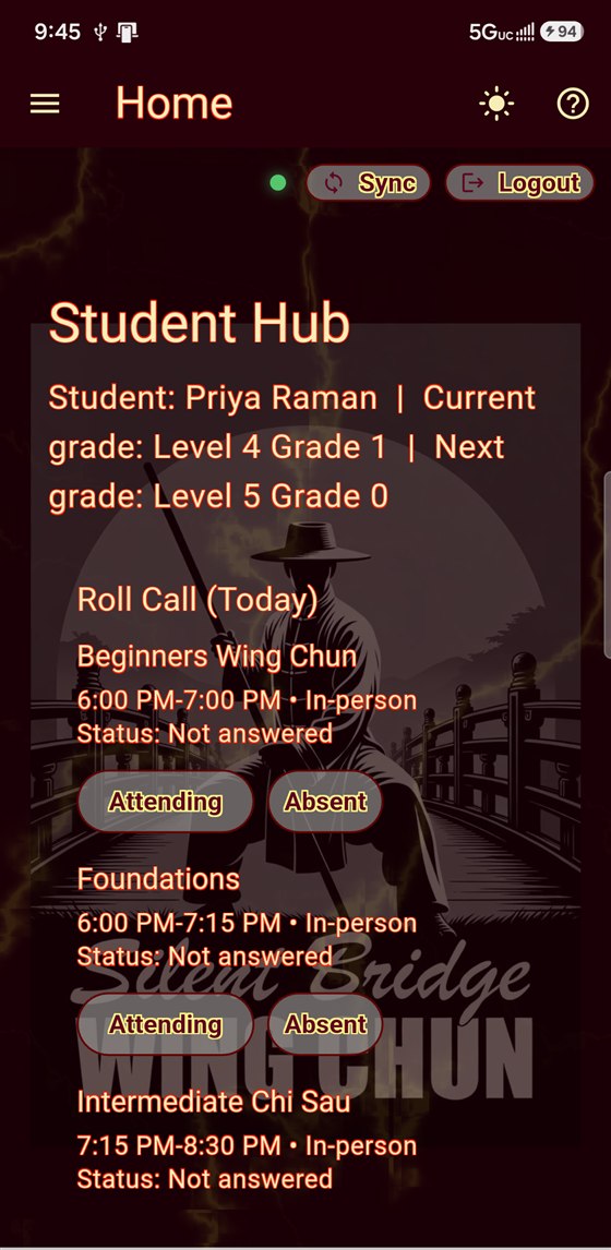 The student home screen in English, with today's roll call