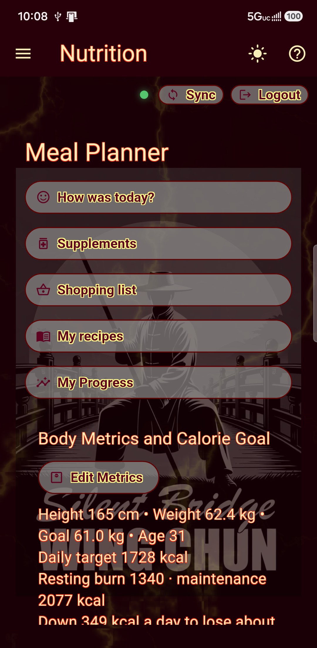 The meal planner: the day’s check-in, supplements, shopping list and progress, with body metrics and the calorie target underneath