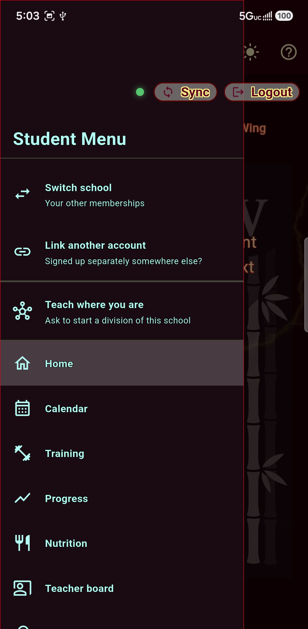 The menu of somebody who trains at several schools: each school listed by name with its own curriculum, messages, corrections and dues underneath