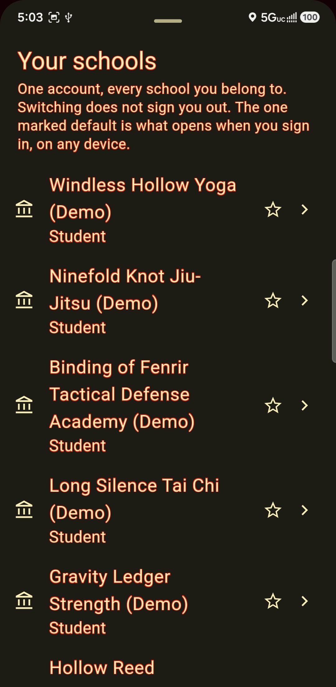 The school switcher: every school listed with the member's role at each, the current one marked, and a line saying switching does not sign you out