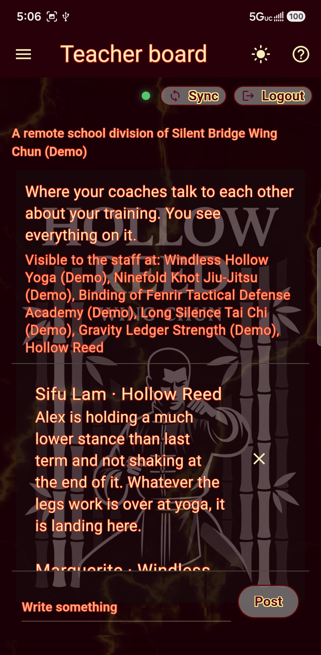 A student's teacher board: a wing chun sifu and a yoga teacher discussing the same student's legs, each note labelled with its school