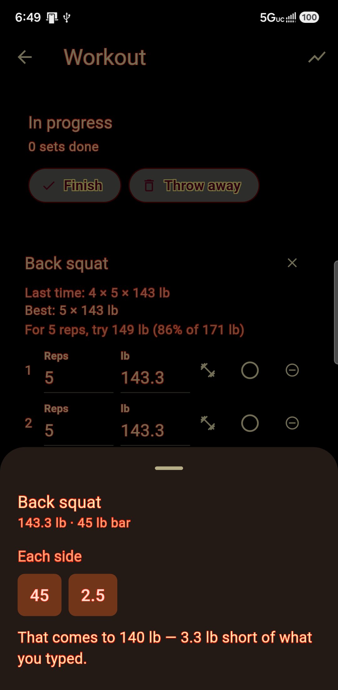 The plate sheet over a workout: 143 lb on a 45 lb bar, a 45 and a 2.5 each side, and a line saying that comes to 3 lb short