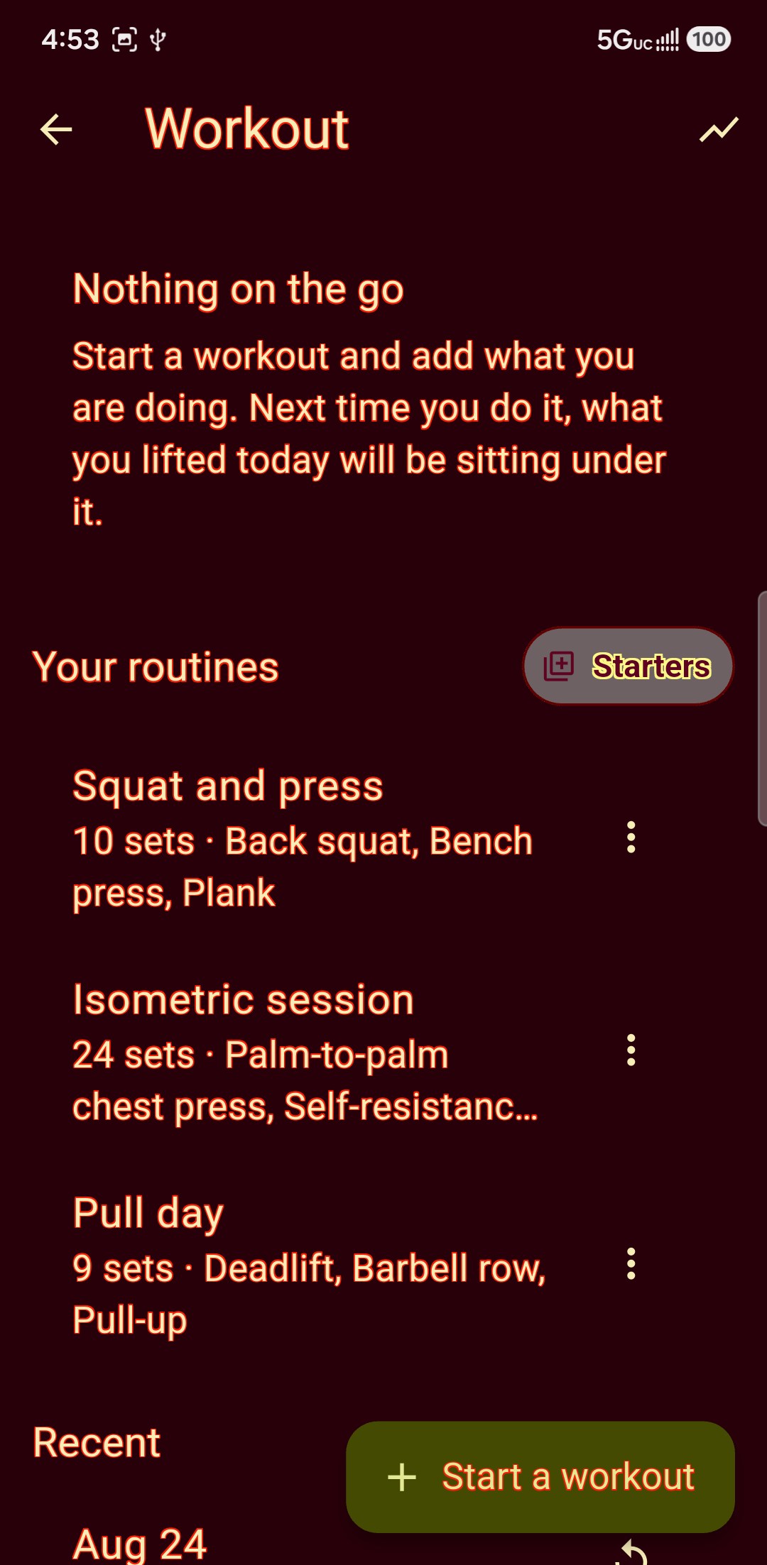 A session in progress: back squat, the last set and the best set shown above it, and a suggested weight worked out from a one-rep max
