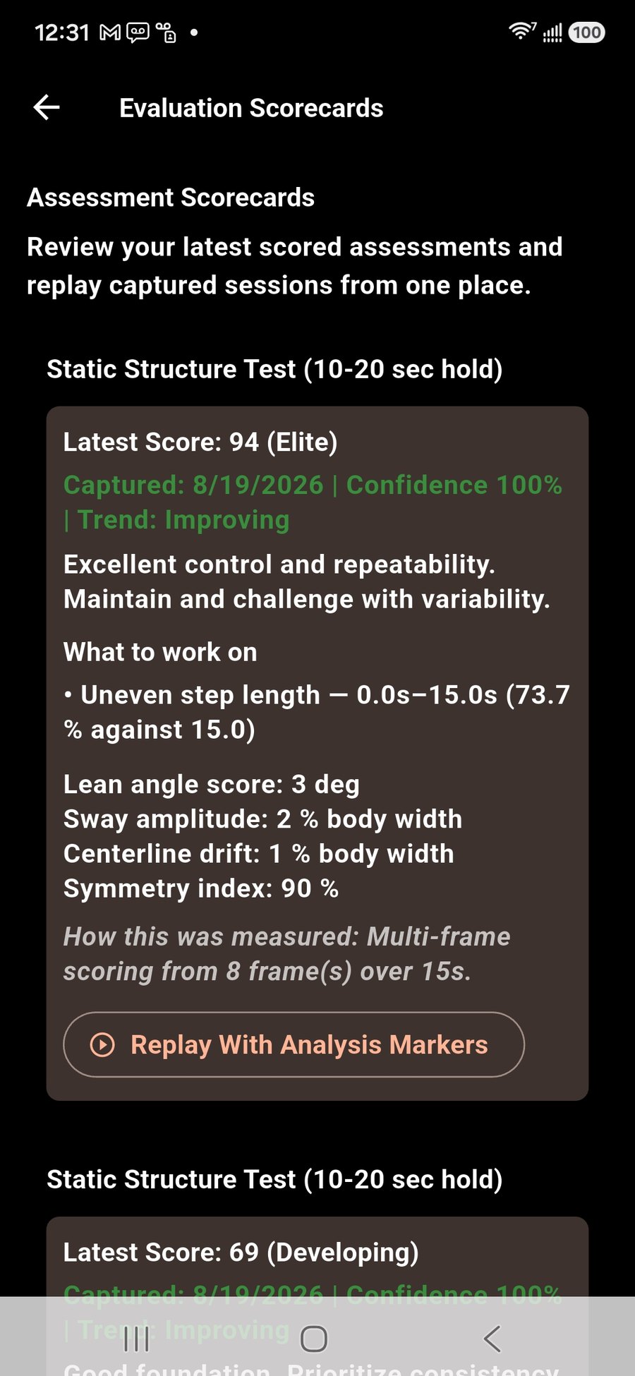 The student's scorecard: score, trend, what to work on with timestamps, and replay with analysis markers