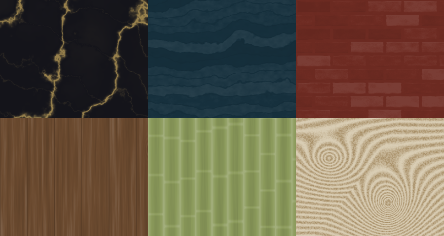 Six of the ten materials the app draws: black marble with gold veins, blue slate, red brick, oak, bamboo and raked sand